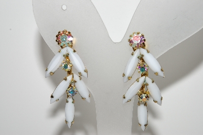 +MBA #E43-122  "Vintage Goldtone White Milk Glass & AB Crystal Rhinestone Earrings"
