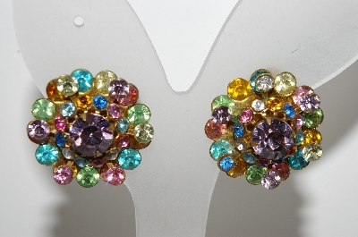 +MBA #E43-093  "Vintage Brass Backed Multi Colored Rhinestone Clip On Earrings"