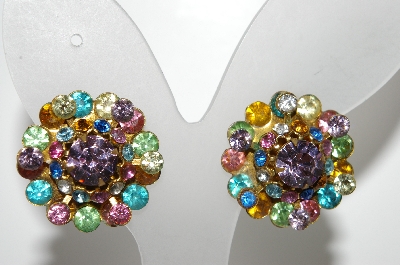 +MBA #E43-093  "Vintage Brass Backed Multi Colored Rhinestone Clip On Earrings"