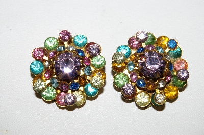 +MBA #E43-093  "Vintage Brass Backed Multi Colored Rhinestone Clip On Earrings"