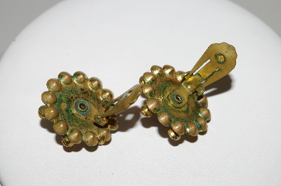 +MBA #E43-093  "Vintage Brass Backed Multi Colored Rhinestone Clip On Earrings"