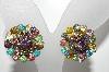 +MBA #E43-093  "Vintage Brass Backed Multi Colored Rhinestone Clip On Earrings"