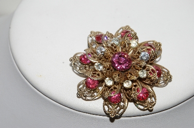 **MBA #E44-083  "Vintage Gold Plated Pink & Clear Crystal Rhinestone Flower Pin"