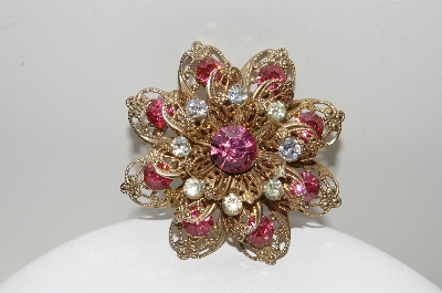 **MBA #E44-083  "Vintage Gold Plated Pink & Clear Crystal Rhinestone Flower Pin"