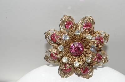 **MBA #E44-083  "Vintage Gold Plated Pink & Clear Crystal Rhinestone Flower Pin"