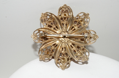 **MBA #E44-083  "Vintage Gold Plated Pink & Clear Crystal Rhinestone Flower Pin"
