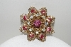 **MBA #E44-083  "Vintage Gold Plated Pink & Clear Crystal Rhinestone Flower Pin"