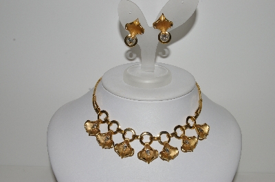+MBA #E44-171   "Vintage Gold Filled Clear Rhinestone Flower Petal Chocker & Earring Set"