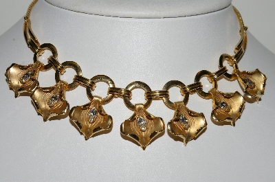 +MBA #E44-171   "Vintage Gold Filled Clear Rhinestone Flower Petal Chocker & Earring Set"