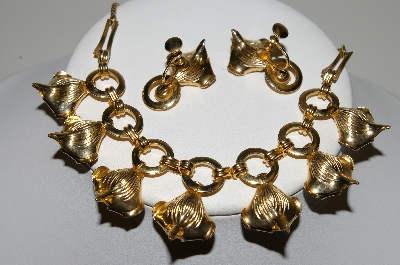 +MBA #E44-171   "Vintage Gold Filled Clear Rhinestone Flower Petal Chocker & Earring Set"