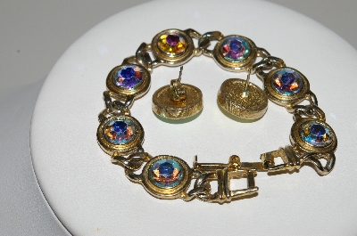 +MBA #E44-184   "Vintage Gold Tone AB Crystal Rhinestone Bracelet & Earrings"