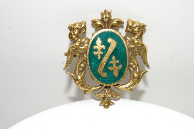 **MBA #E44-222   "Vintage Gold Filled Green Enameled Shield/Crest Pin"