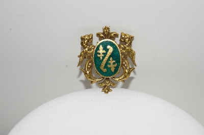 **MBA #E44-222   "Vintage Gold Filled Green Enameled Shield/Crest Pin"