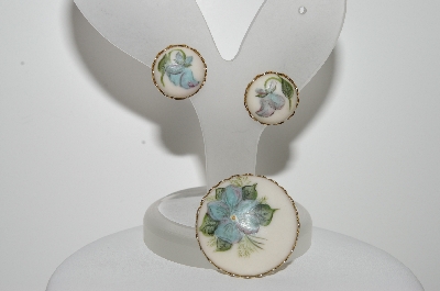 +MBA #E44-159   "Vintage Hand Painted Floral Ceramic Pin & Matching Earring Set"