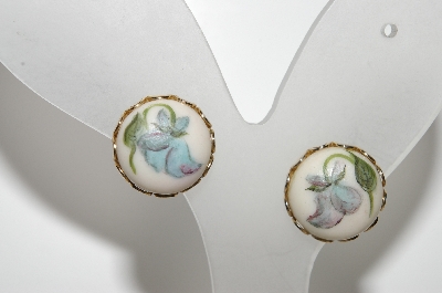 +MBA #E44-159   "Vintage Hand Painted Floral Ceramic Pin & Matching Earring Set"