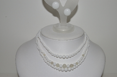 +MBA #E44-164   "Made In Japan White Milk Glass Necklace & Matching Earrings Set"