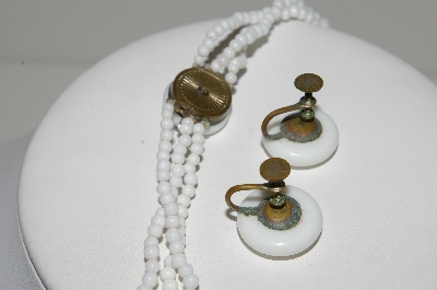 +MBA #E44-164   "Made In Japan White Milk Glass Necklace & Matching Earrings Set"