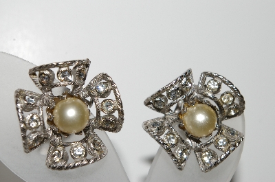 +MBA #E44-101    "Vintage Silvertone Faux Glass Pearl & Clear Crystal Rhinestone Earrings"