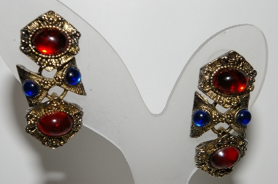 +MBA #E44-141   "Vintage Antiqued Gold Tone Red & Blue Stone Pierced Earrings"