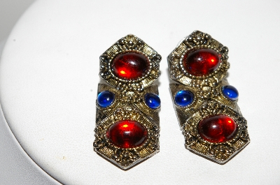 +MBA #E44-141   "Vintage Antiqued Gold Tone Red & Blue Stone Pierced Earrings"