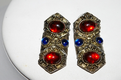 +MBA #E44-141   "Vintage Antiqued Gold Tone Red & Blue Stone Pierced Earrings"