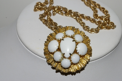 +MBA #E44-133    "Vintage Gold Plated Wgite Milk Glass Pin/Pendant Combo With Chain"