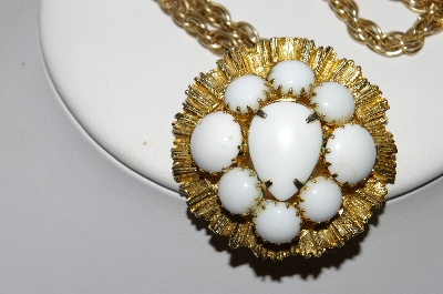 +MBA #E44-133    "Vintage Gold Plated Wgite Milk Glass Pin/Pendant Combo With Chain"