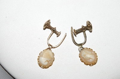 +MBA #E44-119   "Vintage Gold Filled Small Hand Carved Shell Cameo Earrings"