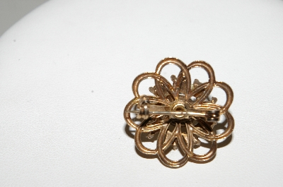 **MBA #E44-150   "Vintage Gold Plated Faux Glass Pearl & Clear Crystal Rhinestone Pin"