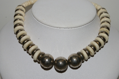 +MBA #E44-244     "Vintage Silvertone Carved Bead Necklace"