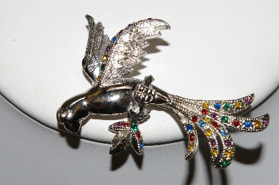 +MBA #E45-181   "Judy Lee  Silvertone  Multi Colored Rhinestone Bird Pin"