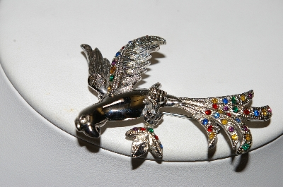 +MBA #E45-181   "Judy Lee  Silvertone  Multi Colored Rhinestone Bird Pin"