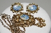 +MBA #E45-115   "Vintage Goldtone Hand Painted Floral Porcelain Pendant & Earring Set"
