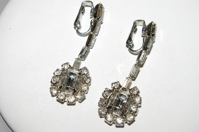 +MBA #E45-037   "Vintage Silvertone Clear Crystal Rhinestone Fancy Drop Style Earrings"