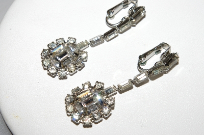 +MBA #E45-037   "Vintage Silvertone Clear Crystal Rhinestone Fancy Drop Style Earrings"