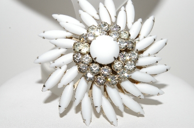 +MBA #E45-190   "Judy Lee Goldtone White Glass & Clear Crystal Rhinestone Pin & Earring Set"