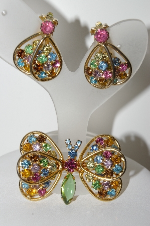 +MBA #E45-215   "Judy Lee Goldtone Rhinestone Butterfly Pin & Earring Set"
