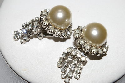 +MBA #E45-257   "Judy Lee Silvertone Faux Pearl & Clear Rhinestone Clip On Earrings"