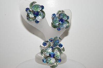 +MBA #E45-195   "Judy Lee Silvertone Blue & Green Glass & Rhinestone Pin & Earring Set"