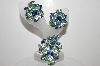 +MBA #E45-195   "Judy Lee Silvertone Blue & Green Glass & Rhinestone Pin & Earring Set"