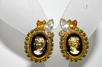 +MBA #E45-011   "Hobe Gold Tone Cameo & Rhinestone Earrings"