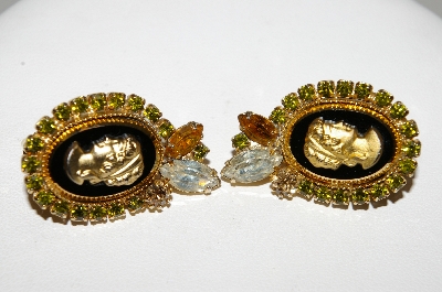 +MBA #E45-011   "Hobe Gold Tone Cameo & Rhinestone Earrings"