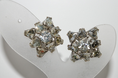 +MBA #E45-218   "Vintage Silvertone Clear Crystal Fancy Rhinestone Clip On Earrings"