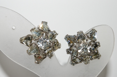 +MBA #E45-218   "Vintage Silvertone Clear Crystal Fancy Rhinestone Clip On Earrings"