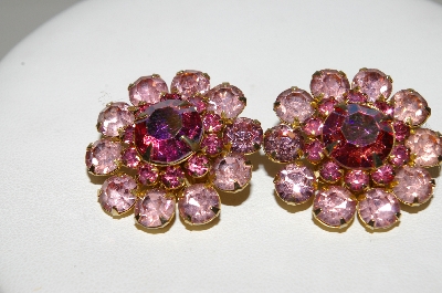 +MBA #E45-017   "Judy Lee Goldtone Pink Crystal Rhinestone Clip On Earrings"