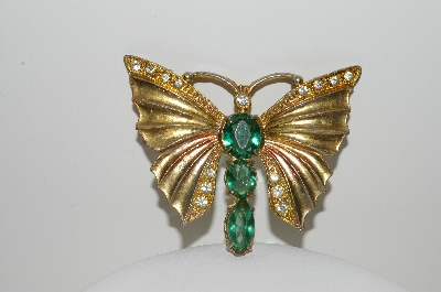 **MBA #E45-171   "Vintage Goldtone Green Stone & Clear Rhinestone Butterfly Pin"