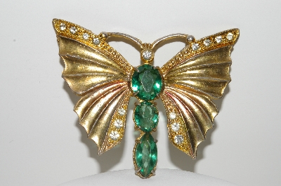 **MBA #E45-171   "Vintage Goldtone Green Stone & Clear Rhinestone Butterfly Pin"
