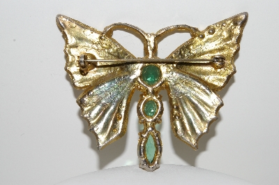 **MBA #E45-171   "Vintage Goldtone Green Stone & Clear Rhinestone Butterfly Pin"