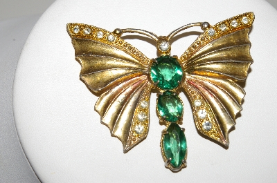 **MBA #E45-171   "Vintage Goldtone Green Stone & Clear Rhinestone Butterfly Pin"