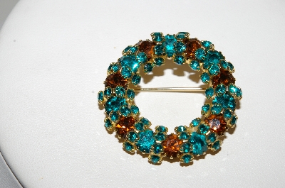 **MBA #E45-241   "Vintage Green & Brown Rhinestone Round Pin"